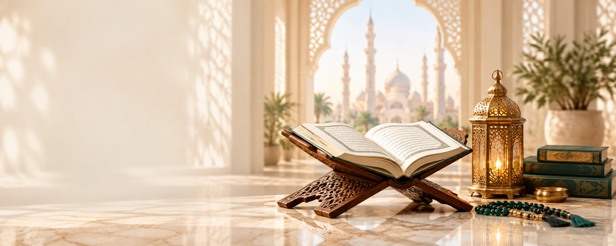 An open Qur’an on a wooden stand beside a lantern